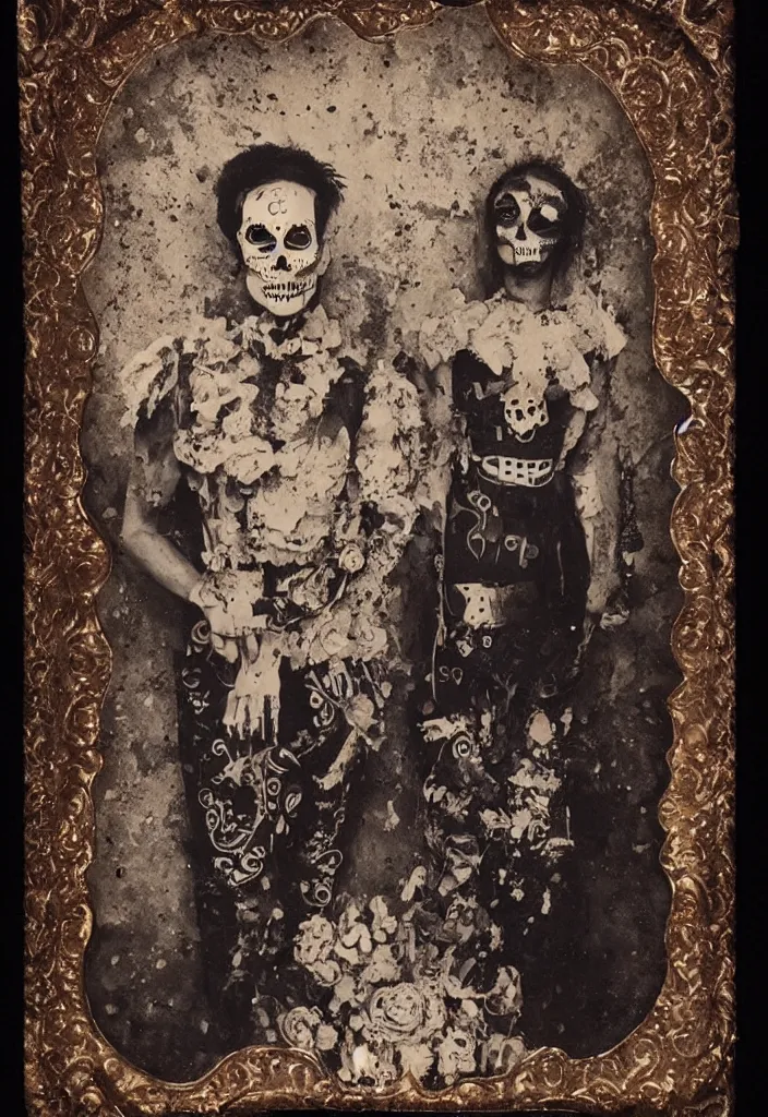 Image similar to tintype full body view, man in dia de muertos suit and make up, horrific beautiful vibe, evocative, atmospheric lighting, painted, intricate, highly detailed,