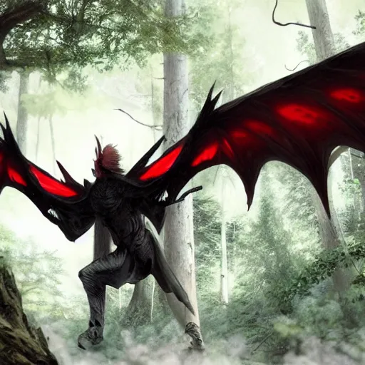 Image similar to cinematic shot of a black with red strips dragon flying over the forest with his wings white digital painting, artstation, concept art, soft light, hdri, smooth, sharp focus, illustration, fantasy, intricate, elegant, highly detailed, D&D, matte painting, in the style of Greg Rutkowski and Alphonse Mucha and artemisia, 8k, highly detailed, jurgens, rutkowski, bouguereau, pastoral, rustic, georgic