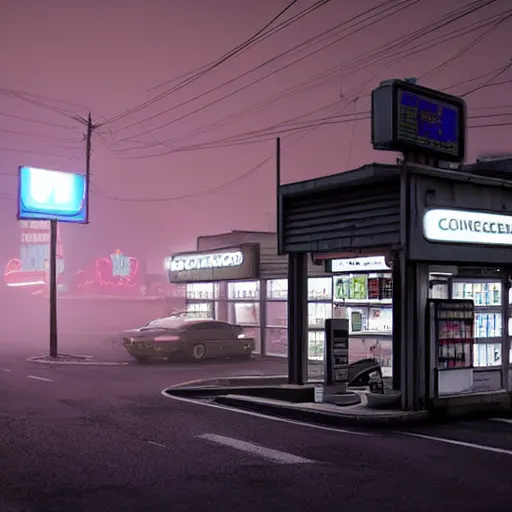 Image similar to a convenience store at a gas station in the dark and misty night, observed from afar in the fog, cyberpunk style ( 2 0 6 0 ), retro futuristic style