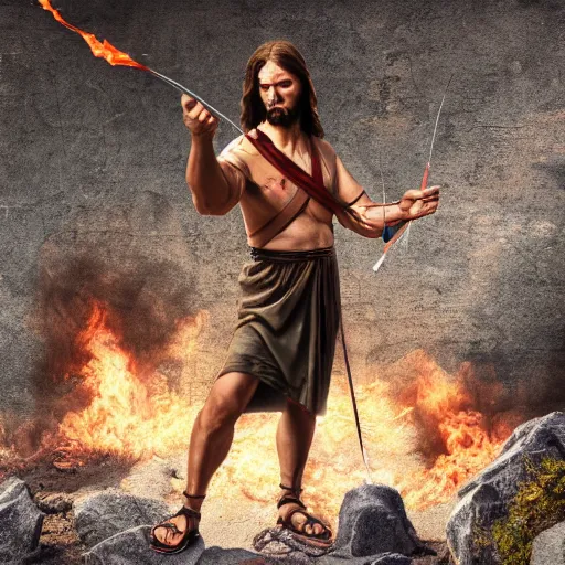 Image similar to Jesus Christ as Rambo holding a Bow and Flaming Arrow, full body, photography, 4K
