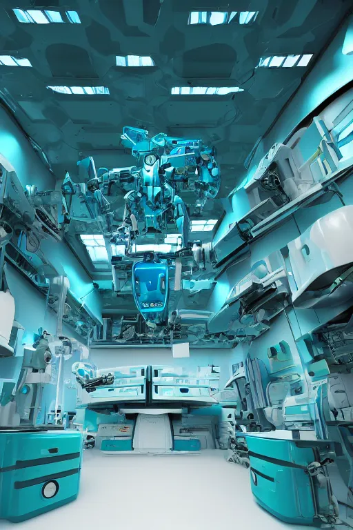 Image similar to interior of robotic medical facility, mecha, teal, highly detailed