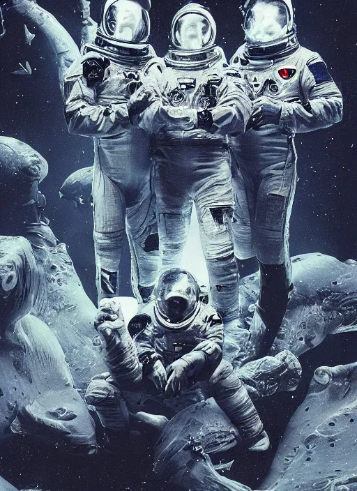 Prompt: astronauts in dark and empty void underwater - complex composition and hyperdetailed technical suit. reflection and dispersion materials. rays and dispersion of light. volumetric light. 5 0 mm, f / 3 2. noise film photo. flash photography. ultra realistic, wide angle. poster by wayne barlowe, hajime sorayama aaron horkey, craig mullins. polaroid.