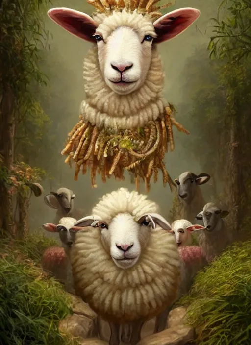 Prompt: sheep wearing robes standing in a circle, performing a sacrifice, mysterious jungle painting, elegant intricate digital painting artstation concept art by mark brooks and brad kunkle detailed