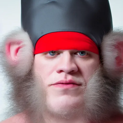Prompt: portrait photo an albino pirate adult Man with red headband, a monkey is on his shoulder, 70mm sigma lens, cinematic lighting, movie still, HD, color graded