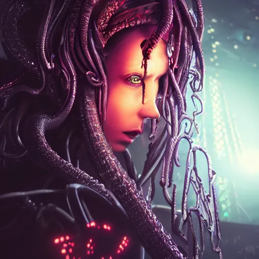 Image similar to Cyberpunk medusa, dark atmosphere, cinematic shot, intricate, ornate, photorealistic, ultra detailed, realistic, 35mm, photography, neon, octane, high definition, depth of field, bokeh, 8k, artstation