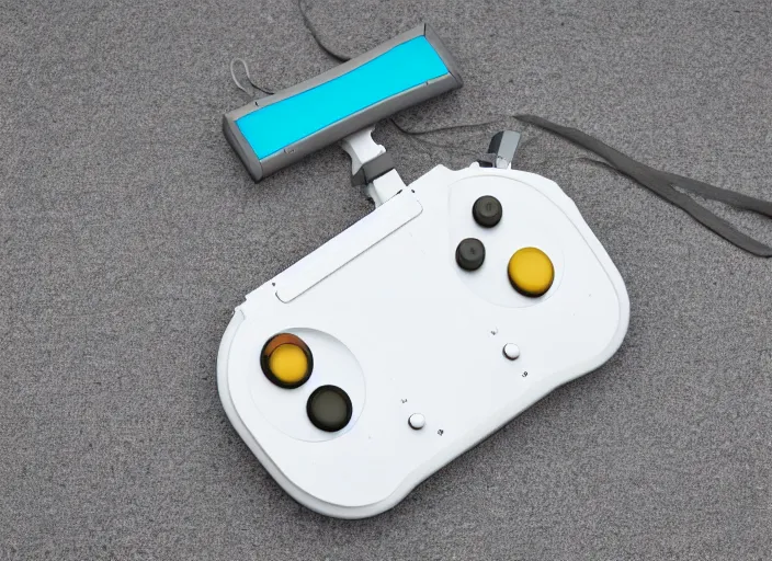 Image similar to retro futurist design of a new handheld console by nintendo, white, aluminium, wood