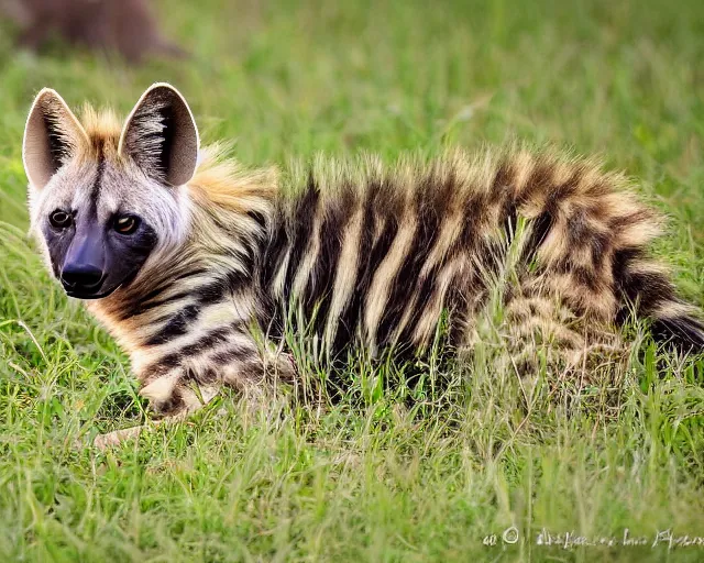 Image similar to striped hyena laying in between the green in savannah, sunset, far - shot