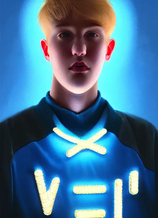 Image similar to portrait of high school senior boy named big moose, blonde short hair, jock, beefy, wide face, square jaw, square facial structure, blue varsity jacket with letter r, intricate, elegant, glowing lights, highly detailed, digital painting, artstation, concept art, sharp focus, illustration, art by wlop, mars ravelo and greg rutkowski