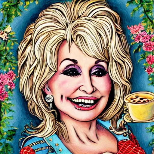 Image similar to dolly parton, books, tea party, outdoors, happy, soft image, highly detailed, award winning art, trending