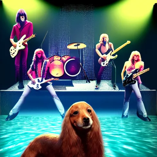 Image similar to rock band queen giving concert underwater with audience full of dogs, hyperrealistic portrait, fantasy art, photo realistic, dynamic lighting, artstation, poster, volumetric lighting, very detailed face, 8 k, award winning