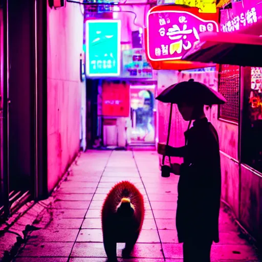 Image similar to capybara drinking bubble tea in cyberpunk, neon, pink and cyan seoul, detailed, street photography