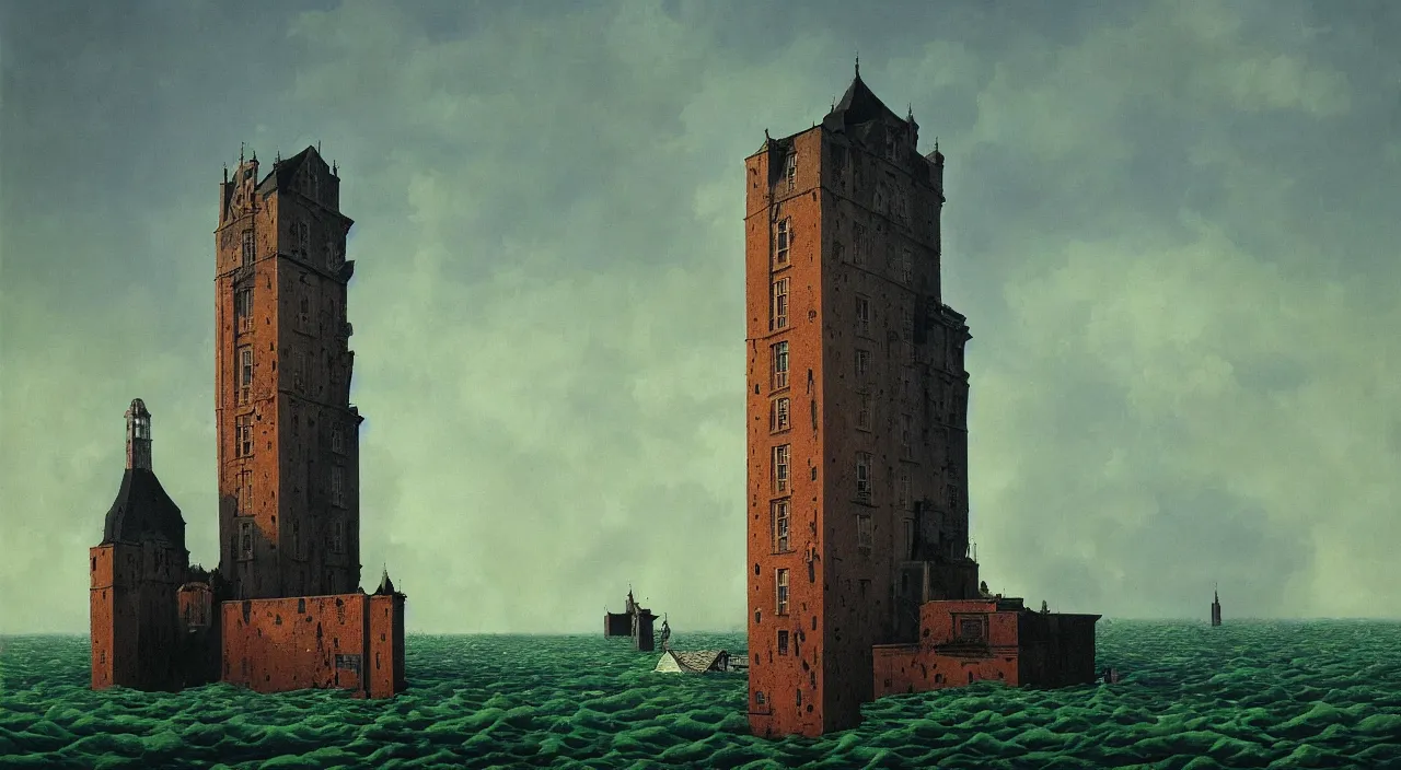 Prompt: a high contrast!!! painting of a flooded fleshy tower by rene magritte andrew ferez simon stalenhag carl spitzweg jim burns, full-length view, vibrant colors, symmetry, great composition, high detail, cinematic lighting, award winning masterpiece, trending on artstation