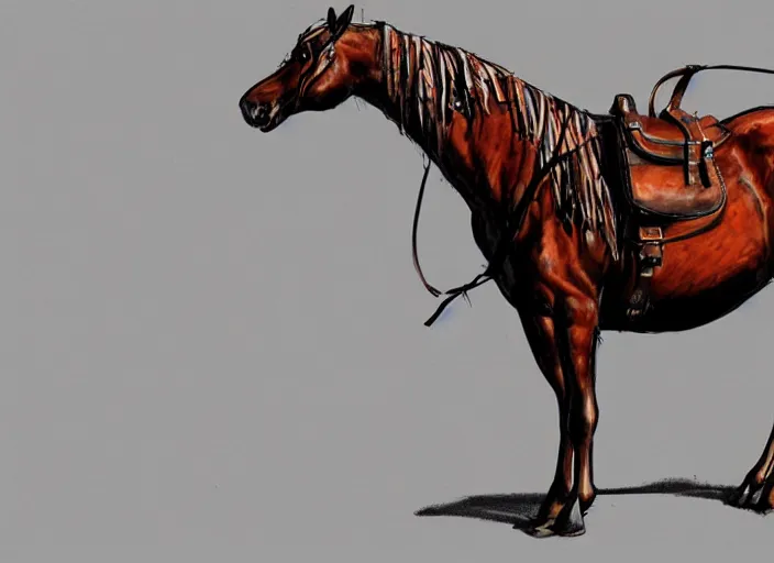 Image similar to concept art of algie infected stallion, carrying a saddle bag, digital art, photo realistic, highly detailed