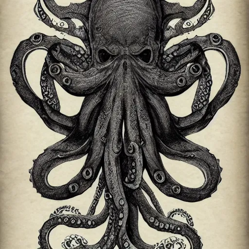 Image similar to necronomicon sketch of an ancient octopus monster, faded parchment, descriptions, aged, highly detailed, 8 k,