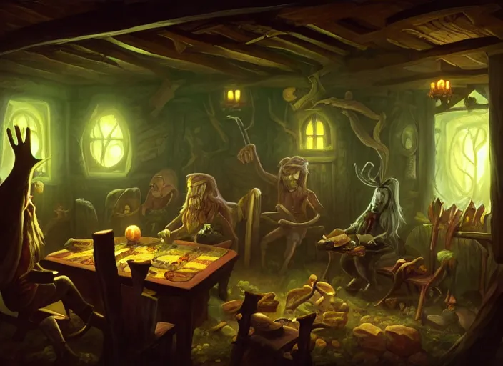 Image similar to interior of a dark cabin. a leshy forces you to play a tabletop card game. painting by dan volbert and mandy jurgens and deiv calviz and lim chuan shin