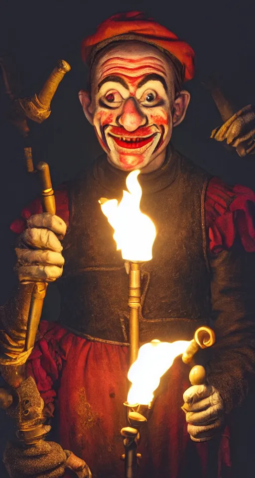 Prompt: close up photograph of an impish jester with a sad face and a torch in each hand, 4 k, photorealistic, high detail by annie leibovitz