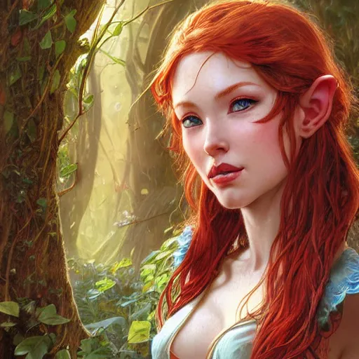 Image similar to highly detailed closeup portrait of beautiful elf woman with red hair, very detailed, realistic, card, by Stanley Artgerm Lau, greg rutkowski, thomas kindkade, alphonse mucha, loish, norman rockwell J.