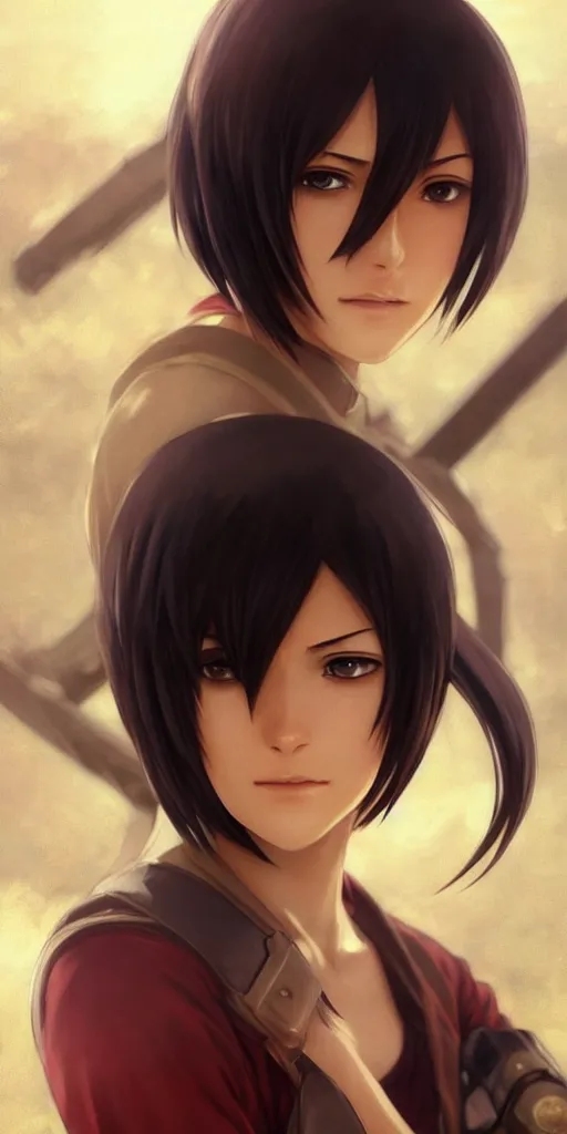 Image similar to mikasa ackerman, hero pose, medium shot, bokeh, beautiful face!!!!, 2 7 years old, cg animation, lifelike, animated, realistic, character select portrait, by artgerm, greg rutkowski, alphonse mucha, 3 d