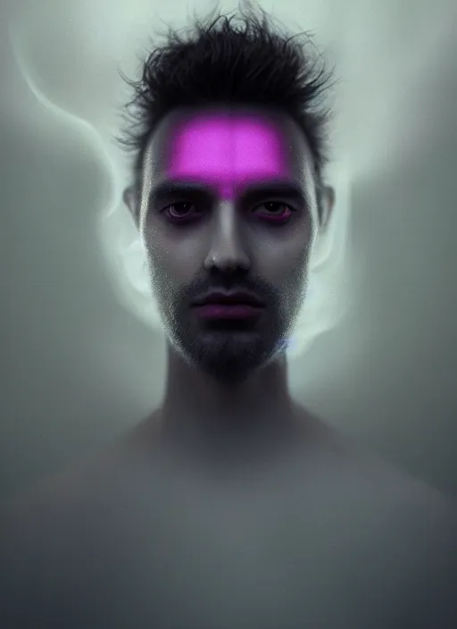 Prompt: an ethereal, misty portrait of a man whose face is accented with neon - toned glowing eyeliner. the makeup floats off his face and joins swirling clouds of smoke and fog, becoming an aurora. muted tones. surreal portrait, cinematic lighting, 8 k, smooth, sharp focus, digital painting, rendered in octane, painted by tom bagshaw, artgerm