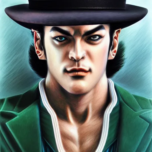 Image similar to Kujo jotaro , Colored pencil , Hyperdetailed , trending on artstation , CGSociety , matte painting , Concept art