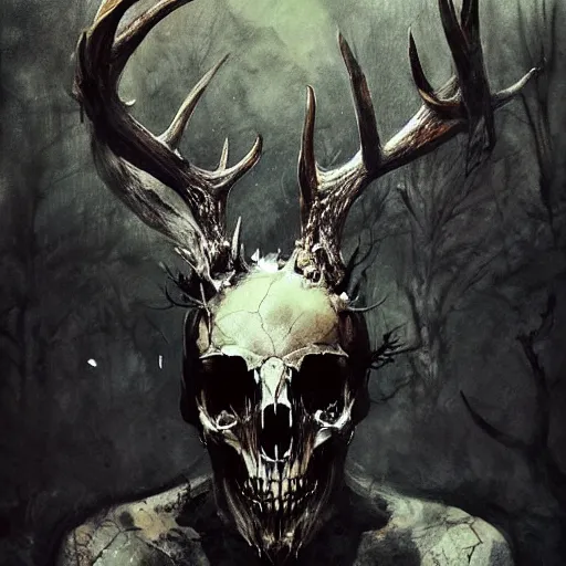 Image similar to leshen with deer skull deer antlers by emil melmoth zdzislaw belsinki craig mullins yoji shinkawa realistic render ominous detailed photo atmospheric by jeremy mann francis bacon and agnes cecile ink drips paint smears digital glitches glitchart