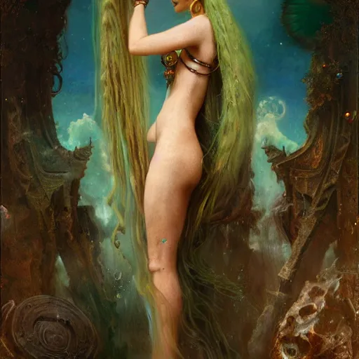 Prompt: techno mystic goddess princess intergalactica, goddess inanna, ashteroth, with aqua neon rapunzel dreadlocks, mami wata, detailed, by gaston bussiere, bayard wu, greg rutkowski, h. r. giger, greg rutkowski, sandro botticelli, masterpiece, sharp focus,