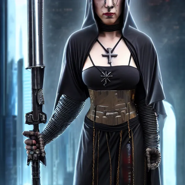 Prompt: cyberpunk nun warrior, highly detailed, 4 k, hdr, smooth, sharp focus, high resolution, award - winning photo, anne stokes, photorealistic