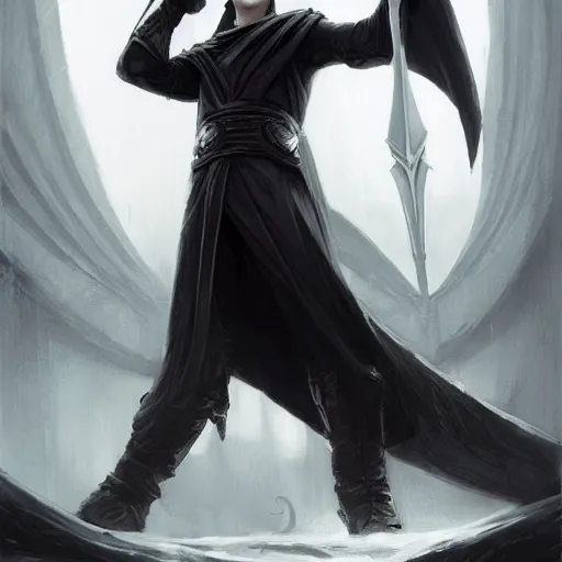 Image similar to male rogue in black robes, pale white skin, standing alone on a ship, fantasy, D&D, portrait, piercing stare, highly detailed, digital painting, HD, artstation, concept art, matte, sharp focus, illustration, art by artgerm and greg rutkowski