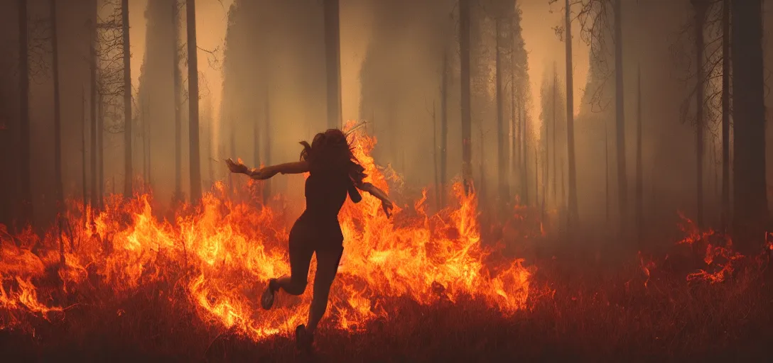 Prompt: full portrait of a young woman running from a forest fire, smoke, flames, dark, gloomy, horror, screaming, insanely detailed, photorealistic, cinematic, dramatic lighting,