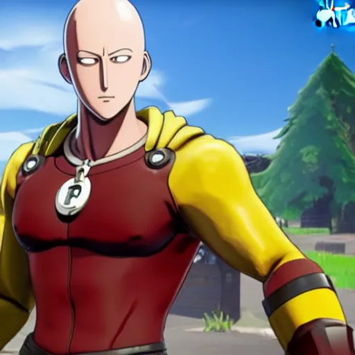 Image similar to one punch man in fortnite, character render, full body shot, highly detailed, in game render