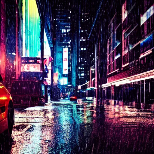 Image similar to a city street at night, raining, photograph, cars on the road, cyberpunk