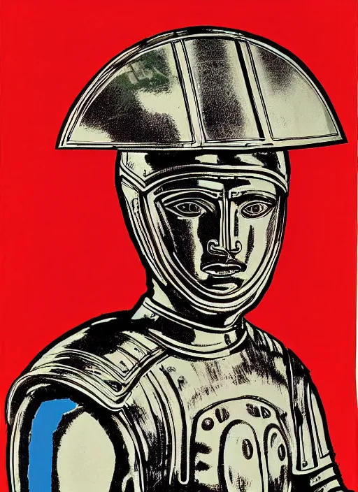 Prompt: close - up portrait athenian warrior with helmet and armor, art by andy warhol