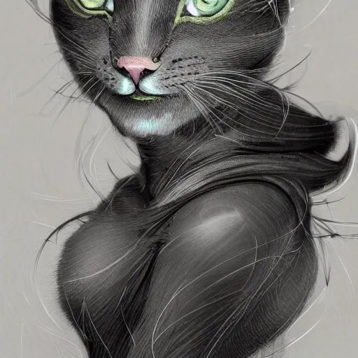 Image similar to a photograpic portrait of a anthropomorphic cat wearing black clothes, black hair, grey skin, grey mouse ears, fantasy, intricate, elegant, highly detailed, digital painting, artstation, smooth, sharp focus, illustration, art by artgerm and H R Giger and alphonse mucha