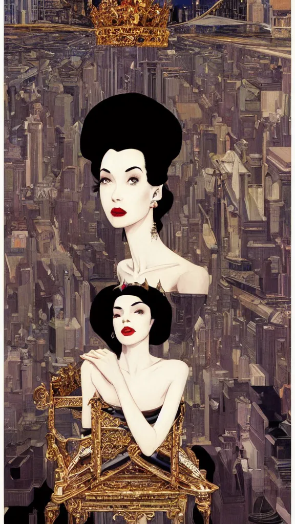 Image similar to a beautiful black haired woman with pale skin and a crown on her head sitted on an intricate metal throne new york circa 1 9 8 4 edward hopper and james gilleard, surreal, open ceiling, highly detailed, airbrush, ilya kuvshinov, wlop, stanley artgerm, very coherent, art by takato yamamoto and james jean