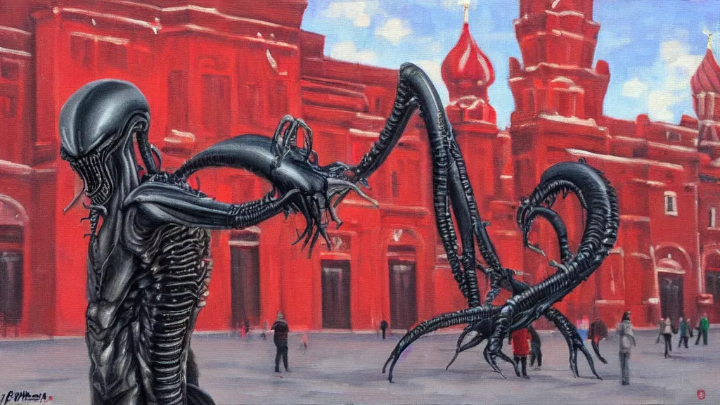 Prompt: xenomorph on moscow red square. extreme long shot. oil paint
