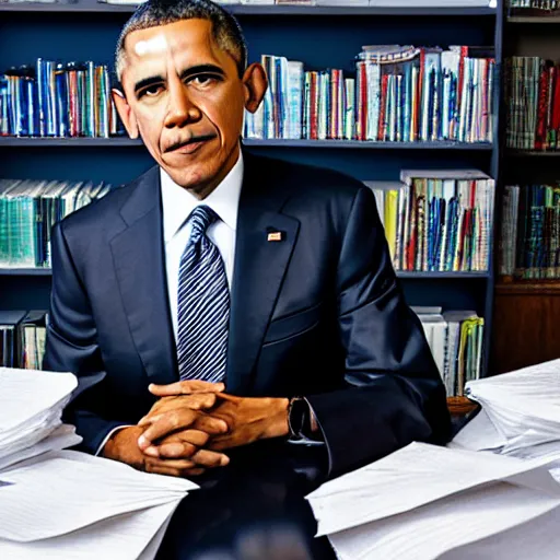 Prompt: obama nervously standing by a mountain of papers, ( eos 5 ds r, iso 1 0 0, f / 8, 1 / 1 2 5, 8 4 mm, postprocessed, crisp face, facial features )