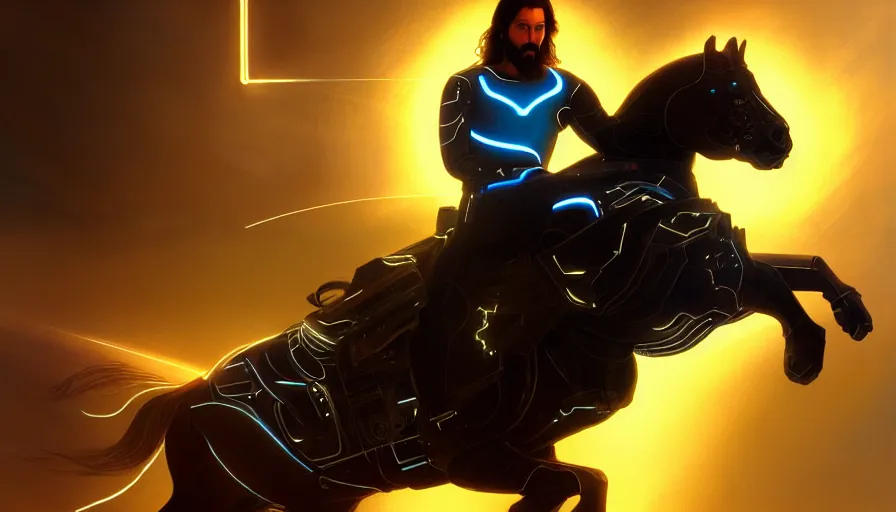 Image similar to tron legacy jesus riding cyborg horse, face, diffuse lighting, hyper realistic, concept art, intricate, hyper detailed, smooth, sharp focus, illustration, trending on artstation, art by greg rutkowski and james gurney and alphonse mucha