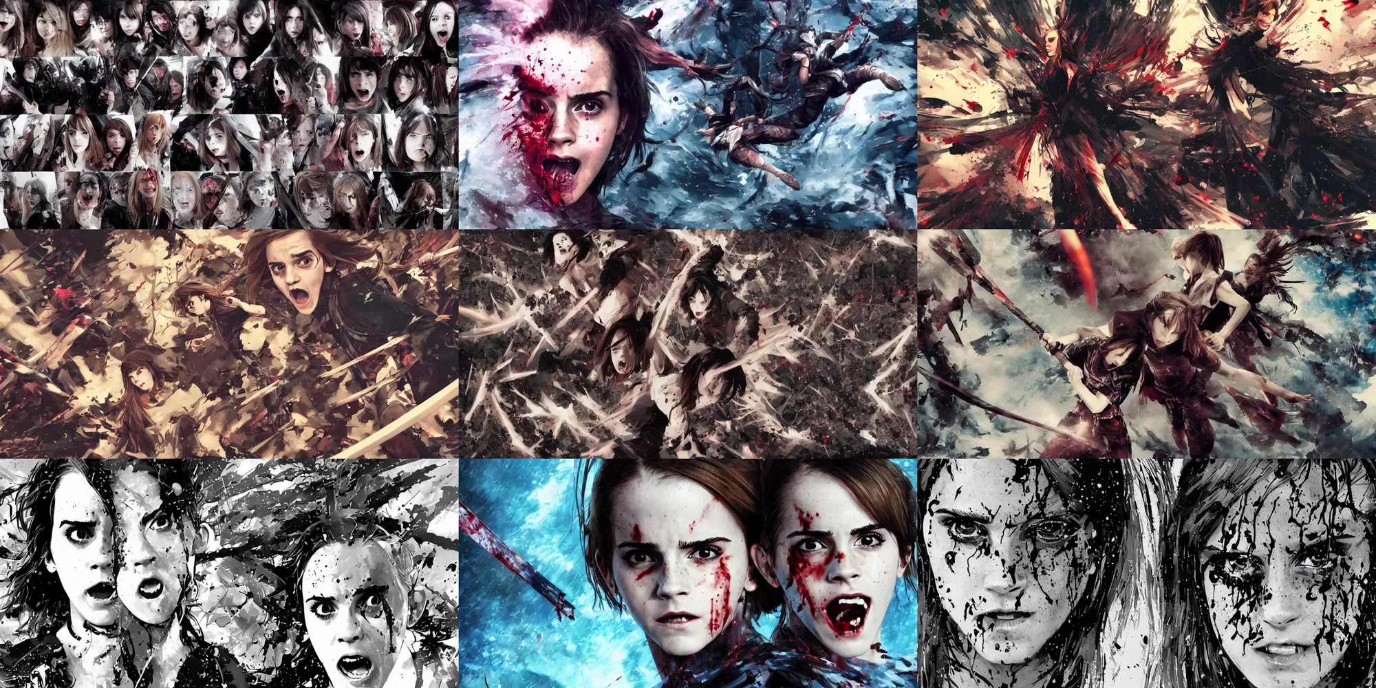 Prompt: emma watson twin sisters closeup fractal samurai battlesuit grimacing yelling screaming warface yelling screaming blood splatter warface anime action poses extreme foreshortening jack kirby extreme foreshortening jack kirby motion blur sword greg rutkowski greg rutkowski greg rutkowski low angle 1 0 mm fisheye lens david bailey david bailey david bailey david bailey akira kurosawa