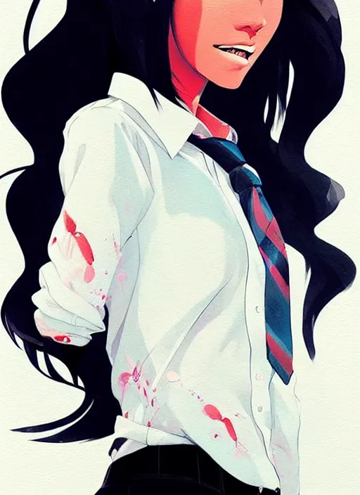 Image similar to a ultradetailed beautiful panting of a stylish woman wearing a shirt with a tie, she has black hair, dancing, by conrad roset, greg rutkowski and makoto shinkai, jesper ejsing, rhads, makoto shinkaitrending on artstation