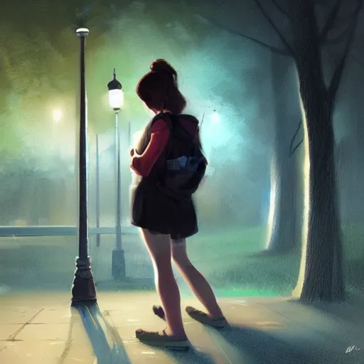 Prompt: a girl working on her laptop, city park, street lighting, dramatic, greg rutkowski, digital painting