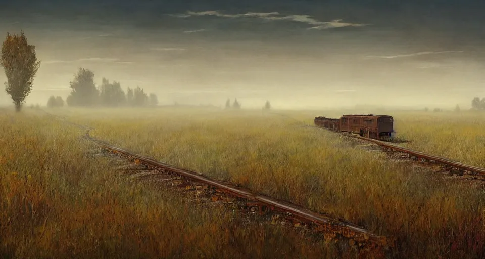 Image similar to rusty old railroad, in the steppe, autumn field, misty background, from the game pathologic 2, highly detailed, sharp focus, matte painting, by isaac levitan and asher brown durand,