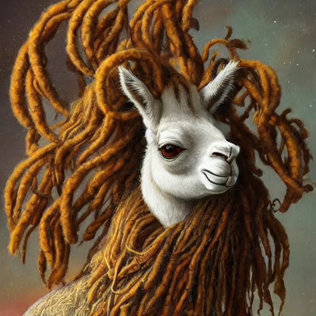 Image similar to llama with dreadlocks, by mandy jurgens, ernst haeckel, james jean. in the style of aqua