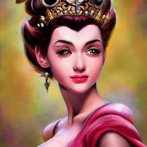 Image similar to An ultra realistic portrait painting of Princess Peach in the style of Frank Frazetta, 4k, Ultrarealistic, Highly Detailed, Dark Fantasy, Epic Lighting