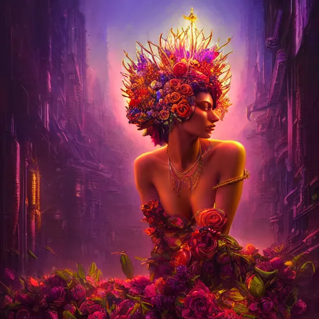 Image similar to Beautiful 3d render of the flower queen goddess in a sensual pose, atmospheric lighting, painted, intricate, volumetric lighting, beautiful, rich deep colours masterpiece, sharp focus, ultra detailed, in the style of Dan Mumford and marc simonetti, with a crowded futuristic cyberpunk city in the background, astrophotgraphy