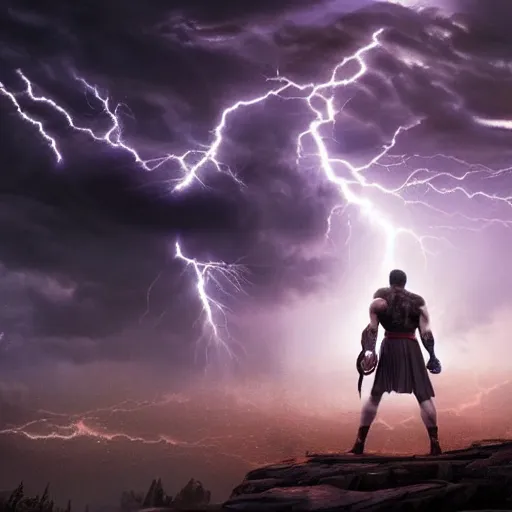 Image similar to a very weak nerd person destroys a God, godrays, epic fights, dramatic poses and scenery, thunderstorm, rtx on, cinematic, movies you do not want to miss, a powerful being losing to a weakling, amazing effects, 4k UHD, Award winning photograph, extremely highly detailed majestic hi-res beautiful