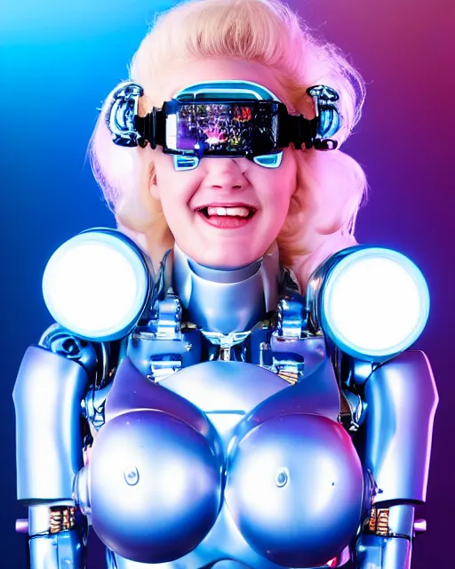 Prompt: centered portrait photo of amused young anna nicole smith as a solarpunk mecha humanoid robotic parts wearing goggles with bright lights, real human face, pudica pose, inside white room, ultra - realistic and detailed, 8 k