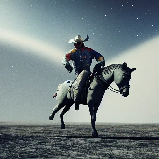 Prompt: apollo 8 cowboy earthrise cowboy in cowboy space, octane render, blender render, unreal engine, 3 5 mm, cowboy, with earth in rising in the sky in the background, trending on artstation, art by bartosz jaworski