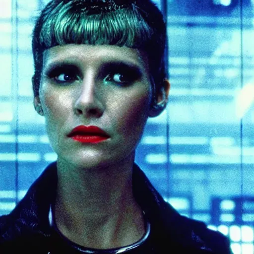 Image similar to close up portrait of rachael tyrell from blade runner at tyrell headquarters photographed by annie leibovitz, cyberpunk, colorful!, nighttime!, raining!