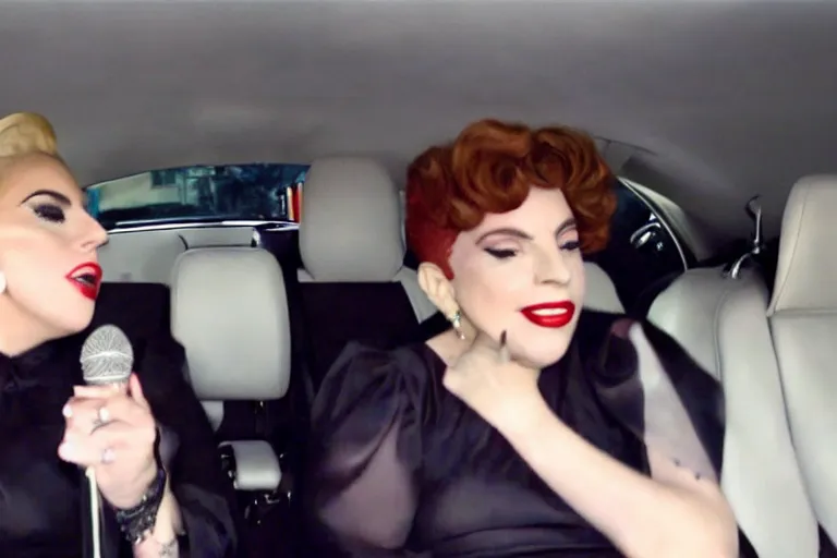 Image similar to lady gaga and judy garland doing carpool karaoke, lady gaga and judy garland, carpool karaoke, lady gaga, judy garland, carpool karaoke, youtube video screenshot, the late late show with james corden, higly realistic, high resolution, dashcam