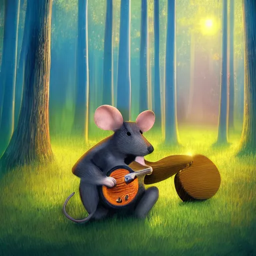 Image similar to musician mouse with drum, fantasy forrest, golden hour, digital art, medium shoot